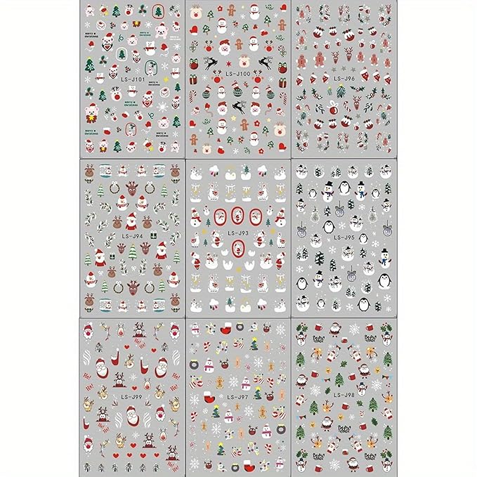 9 Sheets Christmas Nail Art Stickers 3D Christmas Nail Decals with Santa Claus Snowflake Elk Deer Snowman Xmas Tree Design Manicure Decal Winter Cartoon Christmas Nail Art DIY Decor Supplies for Women