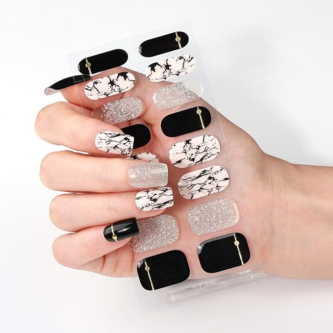 WOKOTO Semi Cured Gel Nail Strips (Black Glitzy)-16 Pcs Gel Nail Stickers | Gel Nail Wraps | UV Light Required, Salon Quality & Easy to Use, Real Nail Polish Strips Stick On Nails with Nail File