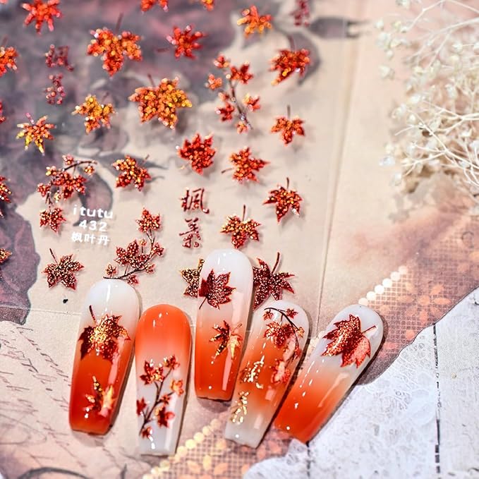 1 Sheets Fall Nail Stickers for Nail Art 5D Embossed Autumn Maple Leaves Nail Art Stickers with Red Maple Leaf Glitter Design Thanksgiving Nail Decals Nail Supplies Manicure Accessories for Women DIY