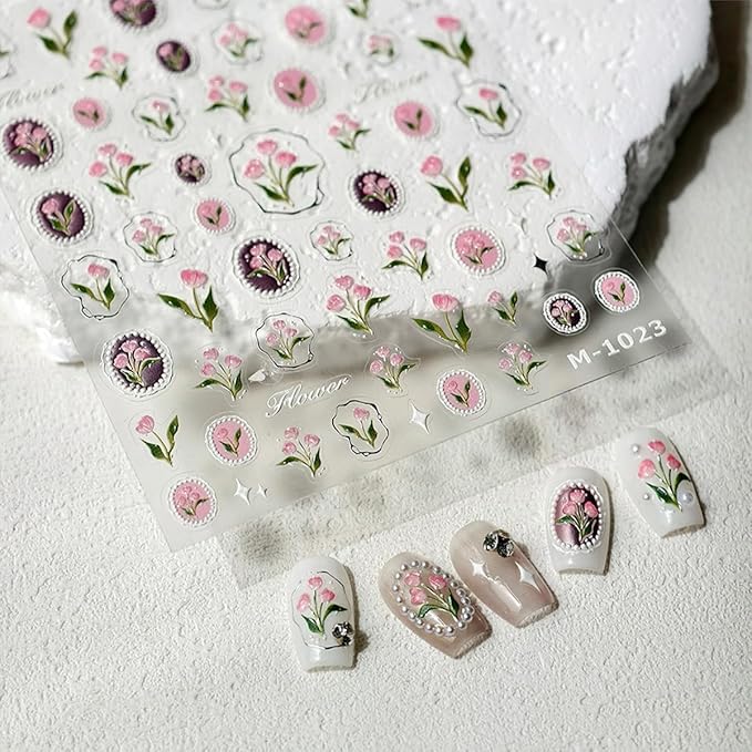 1Pcs Tulip Nail Art Stickers 5D Embossed Flower Nails Decals Silver Hot Stamping Irregular Geometric Frames Design Pink Flower Nail Stickers Self Adhesive Floral Nails Supplies for Women Manicure