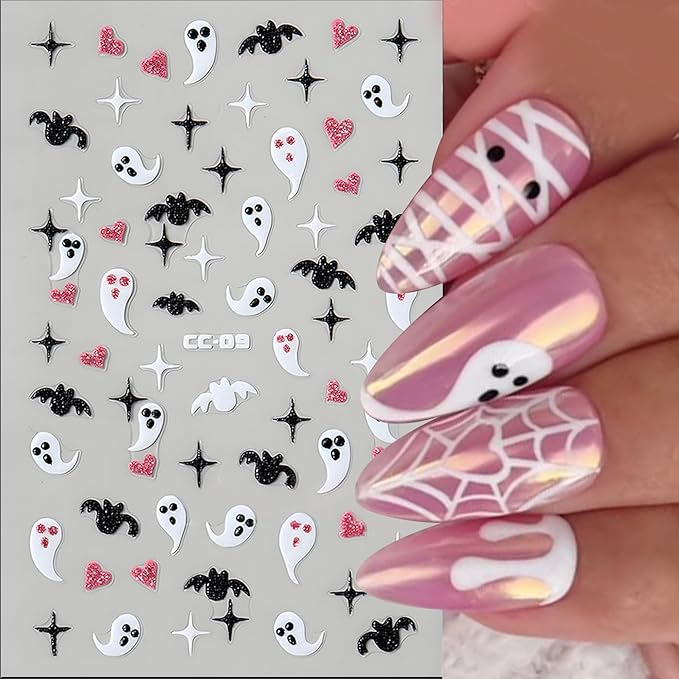 Halloween Nail Art Stickers, Cute Ghost Nail Art Decals 3D Self-Adhesive Spider Bat Pumpkin Cat Skull Spider Web Nail Design 6PCS Halloween Nail Art Supplies for Women Nail Decoration