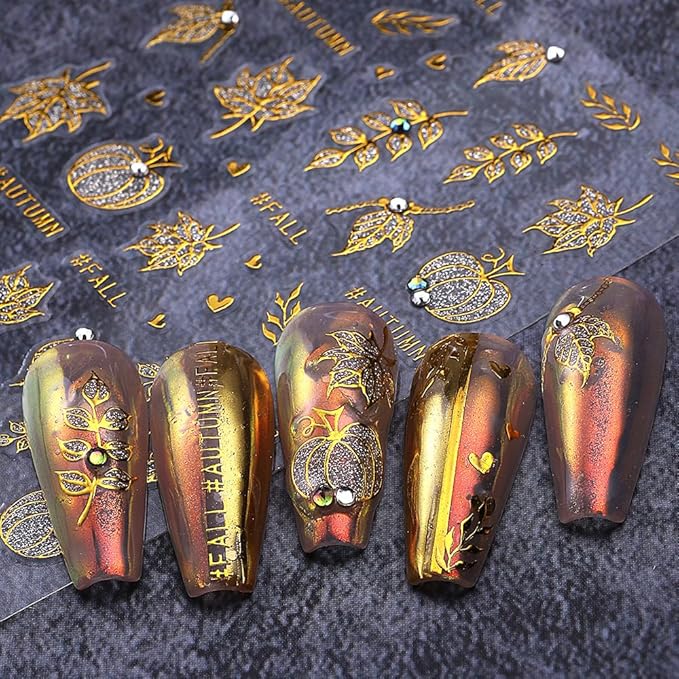 Fall Maple Leaves Nail Art Stickers, Gold Glitter Nail Decals 3D Self-Adhesive Pumpkin Fall Leavers Nails Stickers with Rhinestone Design 3Pcs Nail Art Supplies for Women Nail Decoration