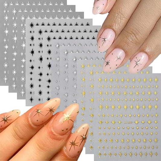 12 Sheets Star Nail Stickers Gold Silvery Nail Decals for Nails Art Black White Design Nail Supplies 3D Self-Adhesive Nails Decoration for Women