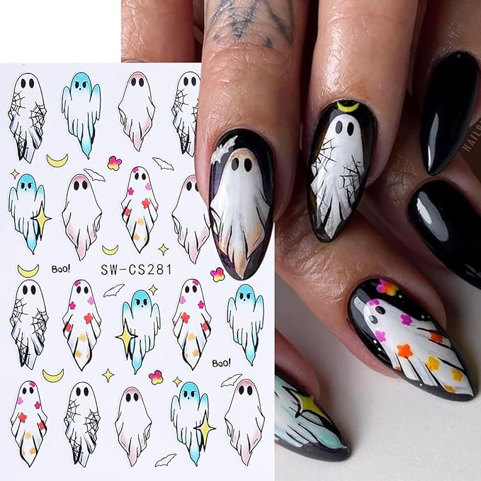 Halloween Nail Art Stickers, Cute Cartoon Ghost Nail Art Decals 3D Self-Adhesive Spider Bat Pumpkin Skull Flowers Nail Design 4Pcs Halloween Nail Art Supplies for Women Nail Decoration