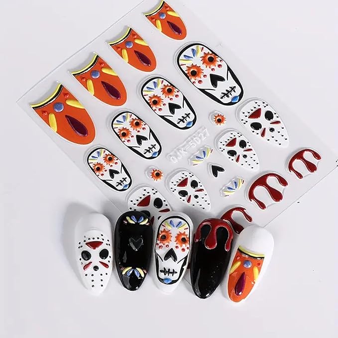 3 Sheets Halloween Nail Art Stickers Decals Pink Skull Spider Web Sugar Skull Nail Decoration 3D Self-Adhesive Nightmare Christmas Stickers for Women Girls