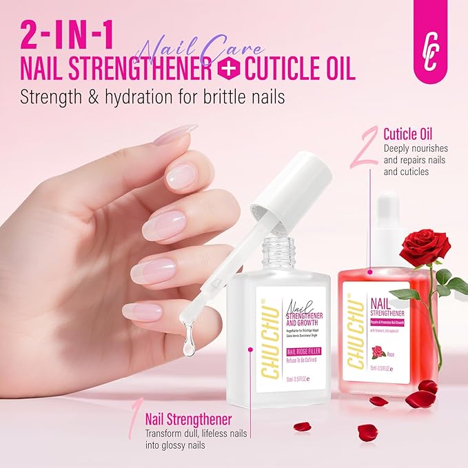 2 in 1 Nail Strengthener and Rose Cuticle Oil Set: Clear Nail Hardener Polish Extra Strong and Growth - Repair Brittle Damaged Dry Nail and Cuticle - for Women Beginner Home Salon Gift