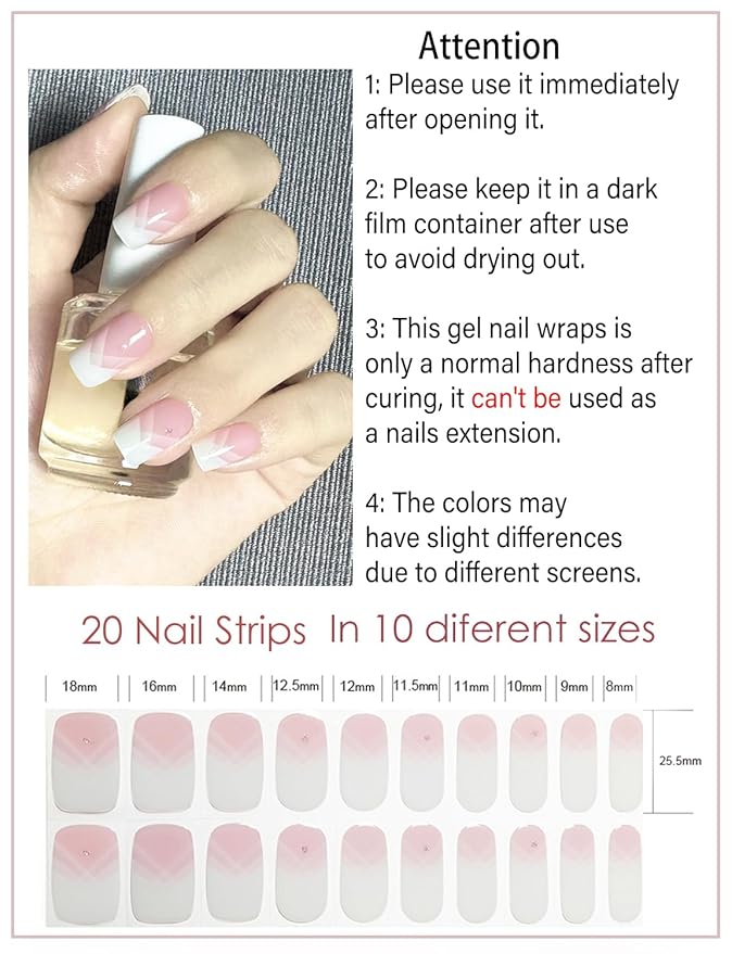 Semi Cured Gel Nail Strips, 20pcs French Gradient Gel Nail Stickers Work with UV, Easy to Use and Remove