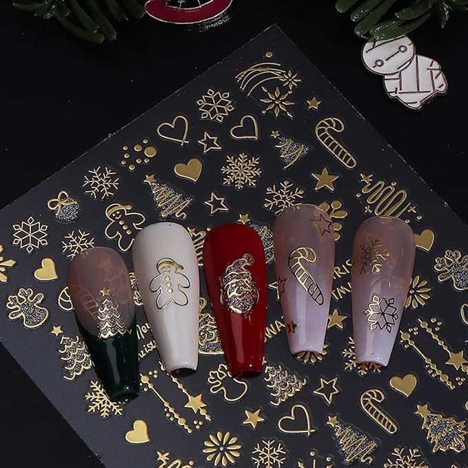 Christmas Nail Art Stickers Decals 6PCS Gold Silver Snowman Snowflake Nail Decals 3D Self-Adhesive Winter Nail Stickers Christmas Tree Santa Claus Elk Holly Christmas Nails Designs Xmas Nails Supplies
