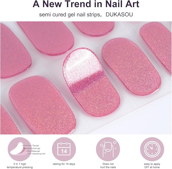 Semi Cured Gel Nail Strips, 28 pcs Gel Nails Stickers for Women Work with Any UV Lamp, Long Lasting UV Gel Nail Strips for Home DIY Nails Art (Peachy Red Glitter)