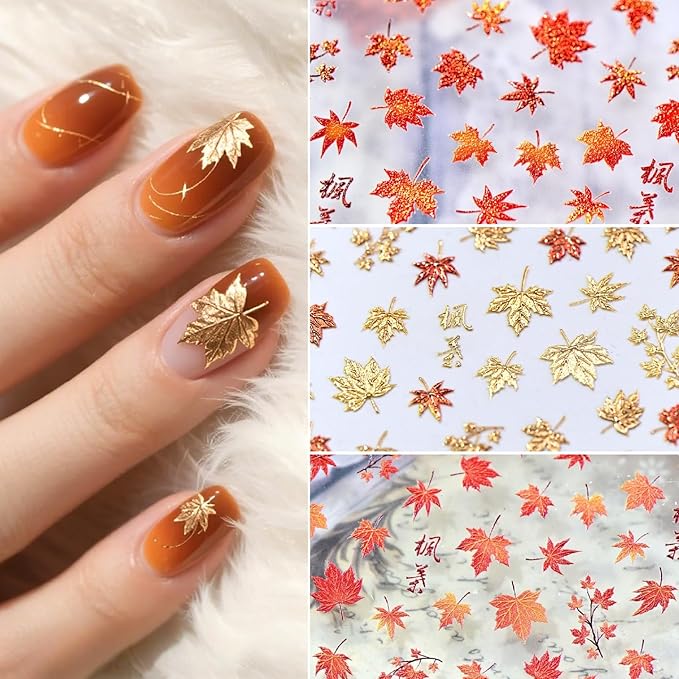1 Sheet Fall Nail Stickers for Nail Art Autumn Maple Leaves Nail Decals 5D Embossed Thanksgiving Day Gold Maple Leaf Nail Art Supplies Red Leaf Nails Accessories for Women Acrylic Nails Decoration