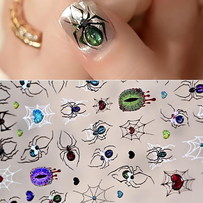 5D Embossed Spider Nail Art Stickers Halloween Nail Stickers Sparkling Eyes Spider Web Nail Decals Gothic Design Manicure Decoration for Women Girls Holiday Nail Supplies 1 Sheets