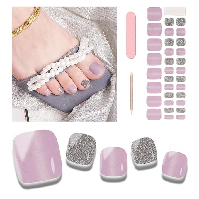 Semi Cured Gel Toenail Strips, 32 Petunia Purple Gel Toenail Stickers - Works with Any UV Lamps Pedicure Strips Full Nail Wraps with Nail File & Wood Stick