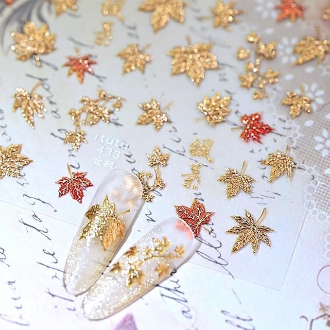5D Embossed Fall Nails Art Stickers Autumn Maple Leaves Nail Decals Self Adhesive Glitter Gold Maple Leaf Nails Design Sticker Thanksgiving Nail Stickers for Women Manicure Decor Accessories 1PCS