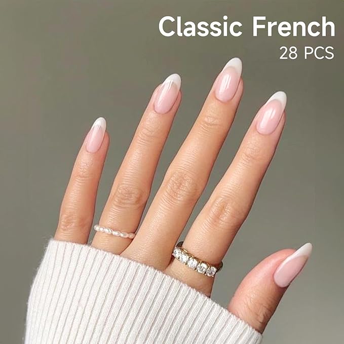 Semi Cured Gel Nail Strips, 28 pcs French Tip Gel Nail Stickers for Women Work with Any UV Lamp, UV Nails Stickers for Home DIY Nails Art (French)