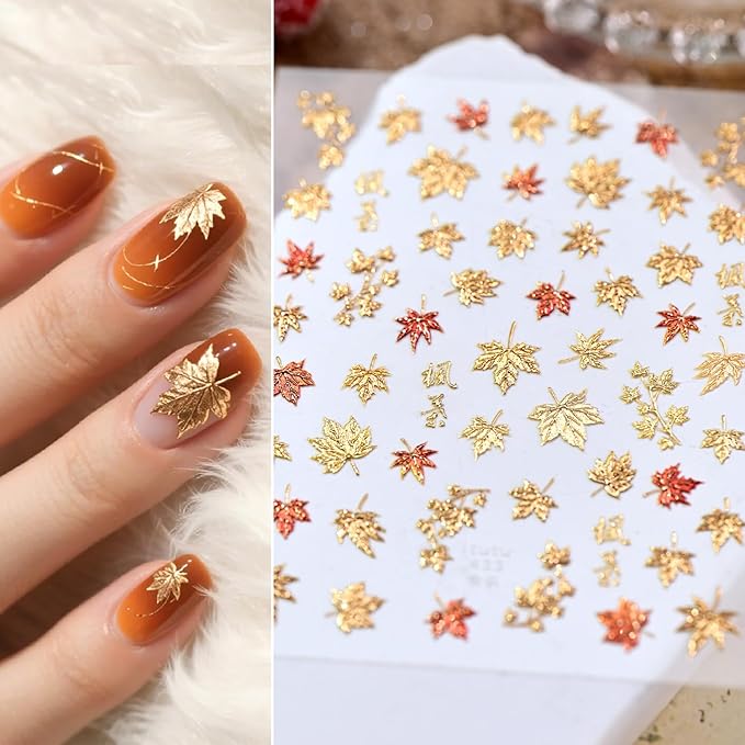 1Sheet 5D Embossed Thanksgiving Nail Art Stickers Self Adhesive Bronzing Fall Maple Leaves Design Nails Decals for Acrylic Nails Fiery Red Maple Leaf Nail Sticker for Women Autumn Nails Decor Supplies