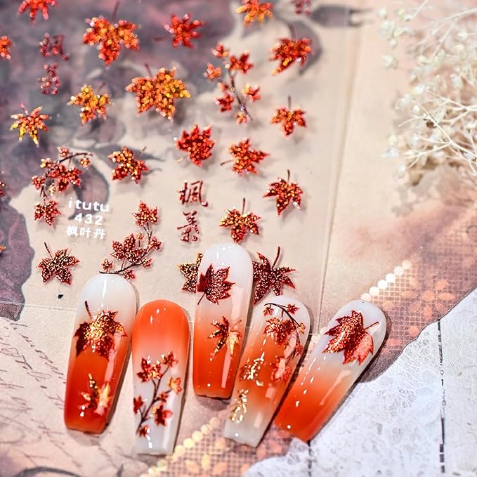 1Sheet Autumn Maple Leaves Nail Art Stickers 5D Embossed Thanksgiving Nails Decals Self Adhesive Fiery Red Maple Leaf Nail Sticker with Glitter Designs Nail Decal for Women Nails Decoration Supplies