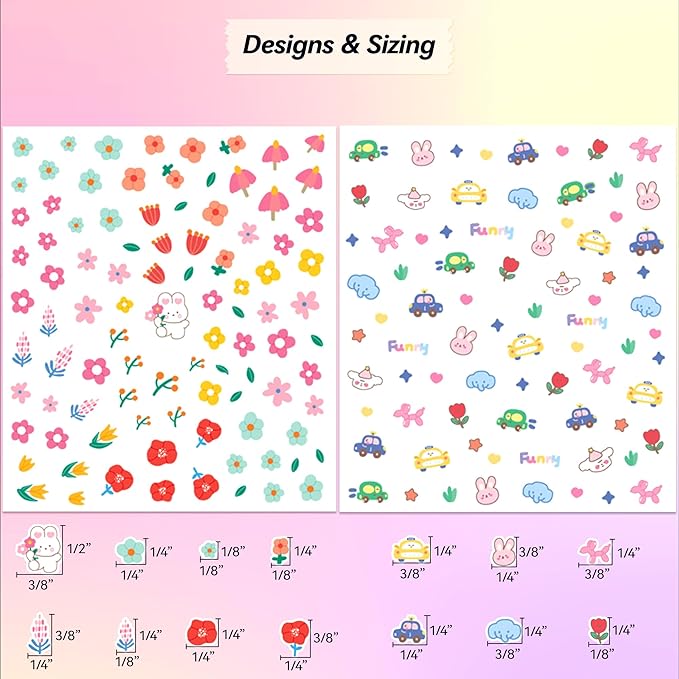 10 Sheets of 3D Nail Stickers - 719 Cute Nail Decals - Embossed Nail Stickers for Kids | Kawaii Theme - Butterfly, Flowers, Cats, Bunny, Stars, Fruits | Glow in The Dark