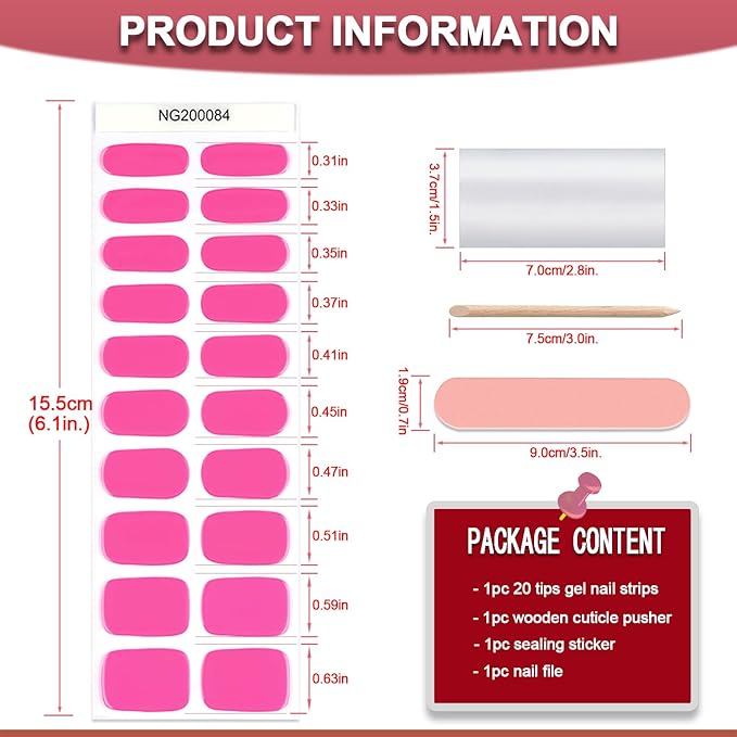WOKOTO 20 Pcs Hotpink Semi Cured Gel Nail Strips With Nail File & Wooden Stick Nail Polish Strips Gel Nail Stickers Full Nail Wraps For Women Girls Stick On Real Nail Polish Stickers For Nails