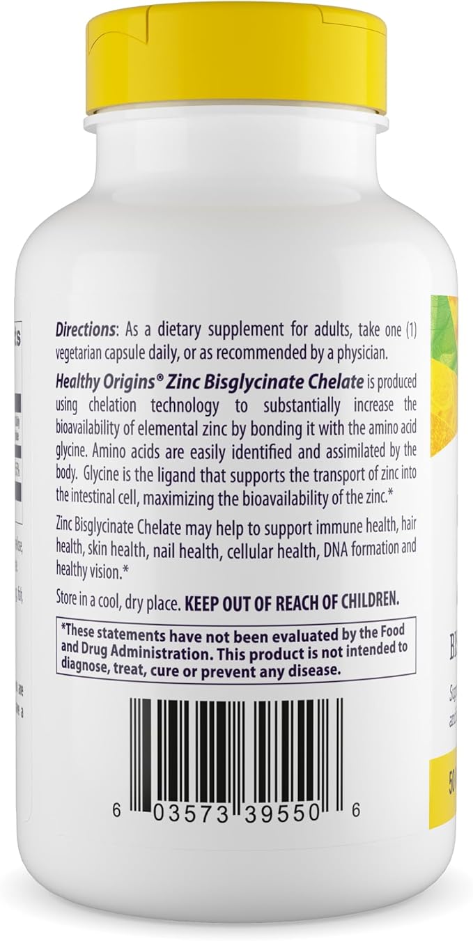 Healthy Origins Zinc Bisglycinate Chelate 50 Mg (Albion Minerals, Bioavailable, Non-GMO, Gluten Free, Immune Support), 120 Veggie Caps