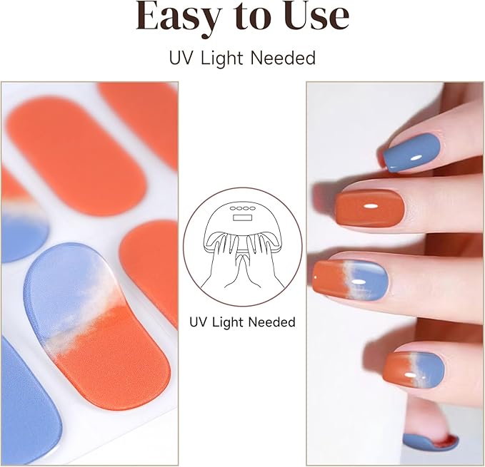 Semi Cured Gel Nail Strips | 28 pcs Gel Nails Strips for Women Work with Any UV Lamp, UV Nail Stickers for Women Home DIY Nails Art (Sunset Glow)