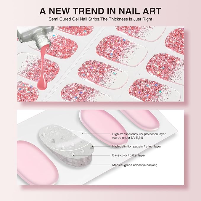 Semi Cured Gel Nail Strips - 30PCS Gel Nail Stickers for UV Light, Long-Lasting Gel Nail Wraps, Salon-Quality Semi Cured Nail Stickers, 2 Weeks Wear, Easy DIY Gel Manicure-Pink Stardust