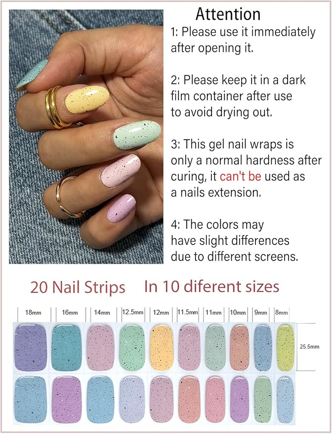 Semi Cured Gel Nail Strips, 20pcs Macaron Glitter Gel Nail Stickers UV for Home Nails DIY