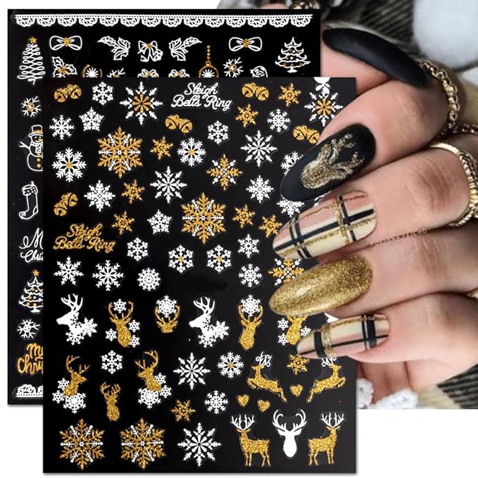 JMEOWIO 9 Sheets Christmas Nail Art Stickers Decals Self-Adhesive Pegatinas Uñas Bling Snowflake Snowman Holiday White Gold Nail Supplies Nail Art Design Decoration Accessories