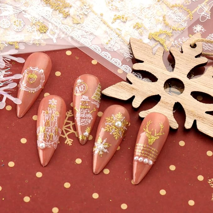 JMEOWIO 9 Sheets Christmas Nail Art Stickers Decals Self-Adhesive Pegatinas Uñas Bling Snowflake Snowman Holiday White Gold Nail Supplies Nail Art Design Decoration Accessories