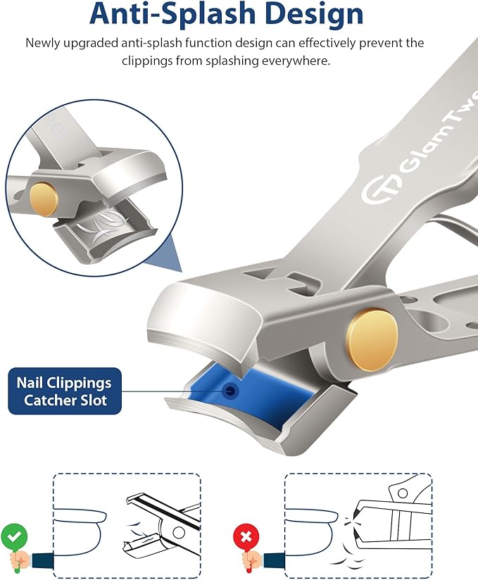 Anti-Splash Wide Jaw Opening Nail Clippers - GlamTweeler Ultra Sharp Extra Large Wide Opening Fingernail and Toenail Clipper with Glass Nail File (Champagne_Curved)