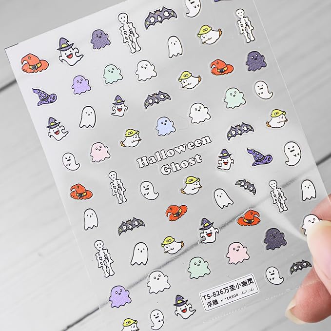 Halloween Nail Stickers for Nail Art - Cute Ghost Nail Art Sticker Halloween Bat Witch Hat 5D Embossed Nail Decals Self-Adhesive Nails Supply Manicure Stickers for Nails Decoration
