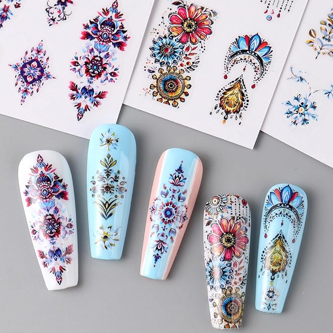 6 Sheets Bohemian Nail Art Stickers Decals Retro Feathers Nails Stickers for Nail Art Self-Adhesive Nails Decals