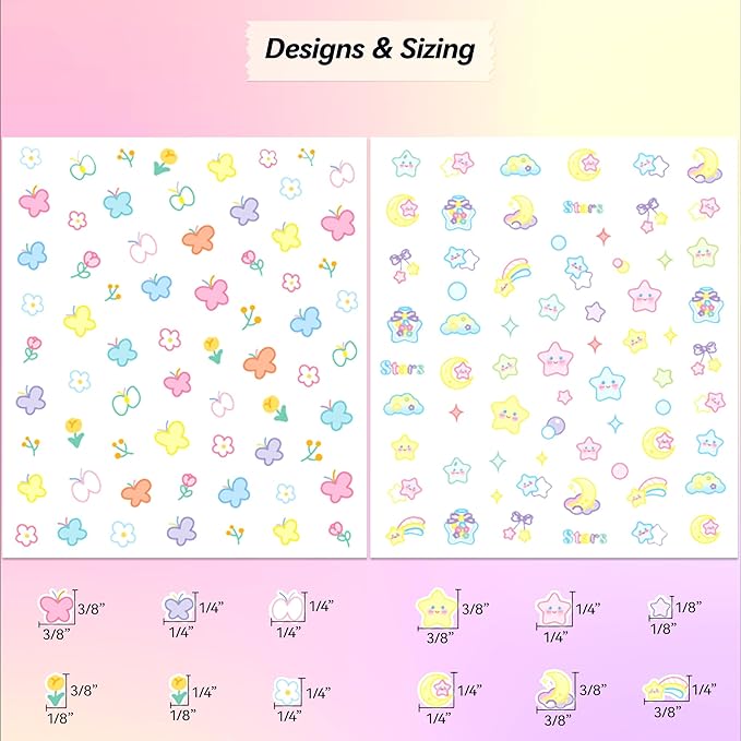10 Sheets of 3D Nail Stickers - 719 Cute Nail Decals - Embossed Nail Stickers for Kids | Kawaii Theme - Butterfly, Flowers, Cats, Bunny, Stars, Fruits | Glow in The Dark