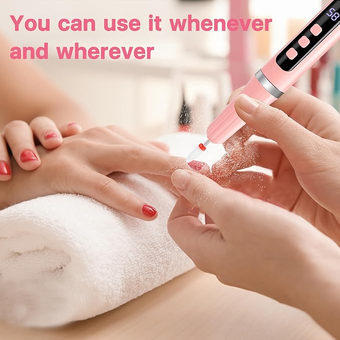 Cordless Electric Nail Drill Kit with Built-in UV Lamp, 2-in-1 Multi-Function Efile with Adjustable Speed & LCD Display, Quiet Portable for Acrylic/Gel Rechargeable Nail File Manicure Pedicure(Pink)