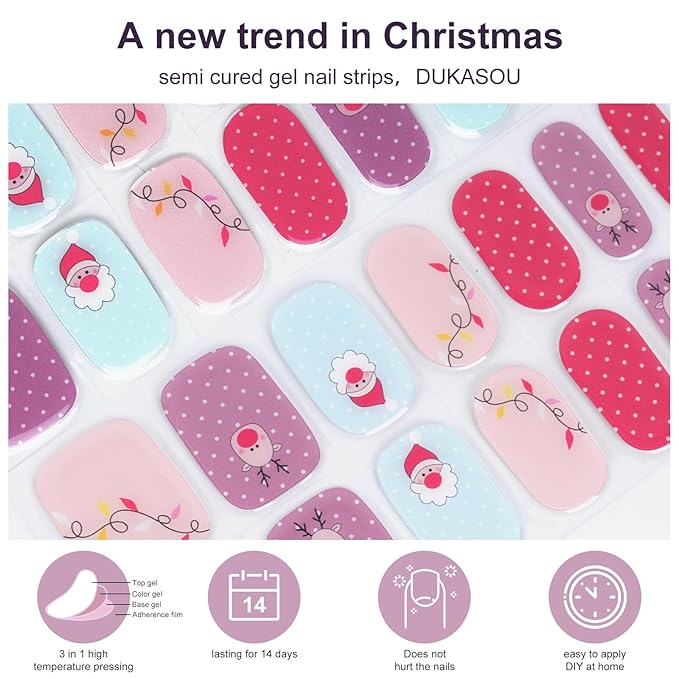 Semi Cured Gel Nail Strips,28 pcs Christmas Nail Stickers for Women,Long Lasting Gel Strips with Any UV Light,Santa Sticker for Nails Easy to Apply