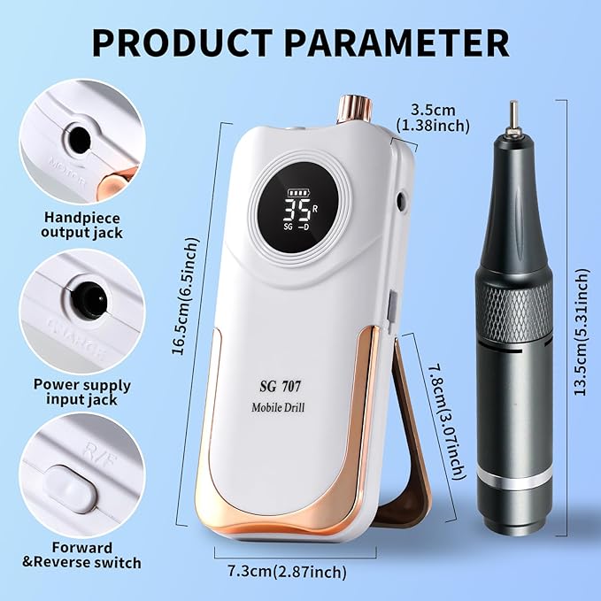 Professional Electric Nail Drill Kit 35000RPM with 14PCS Bits White Portable Rechargeable Cordless File Machine for Acrylic Gel Powder Nails and Manicure Pedicure Toenail Tool Salon Set