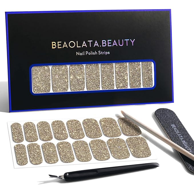 Nail Polish Strips, 32PCS Salon Quality Wraps, Long Lasting Gel Nail Stickers for Women Easy Apply& Remove (Golden Hours Glitter)