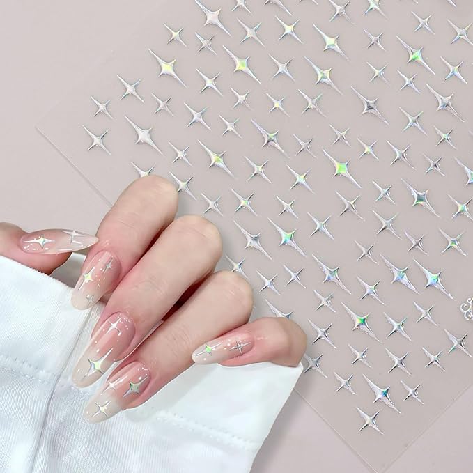 Aurora Star Nail Art Stickers Decals, 3 Designs Pegatinas Uñas Glitter Holographic Star Self-Adhesive Nail Art Design Decoration Accessories for DIY Decoration Stencil Tools