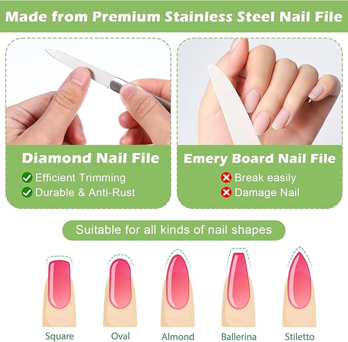 2 PCS Diamond Emery Board Double Sided Metal Nail File Stainless Steel Finger Nail Buffer Manicure Pedicure Tool Precision Fingernail File Natural Fingernail for Salon Home Travel Women Men