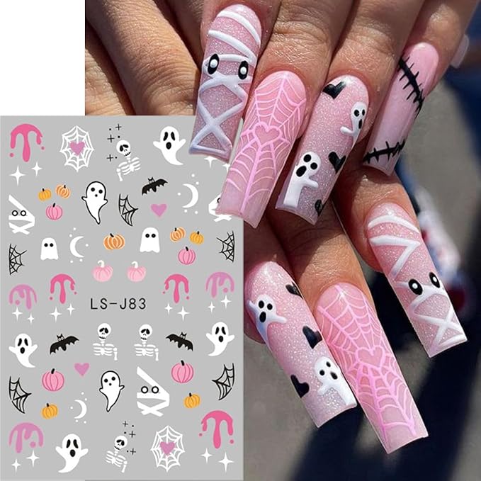 8 Sheets Halloween Cute Ghost Nail Stickers for Nail Art Self-Adhesive Decals With Spider, Bat, Pumpkin, Spider Web Designs - Manicure Holiday Decorations Charms for Women