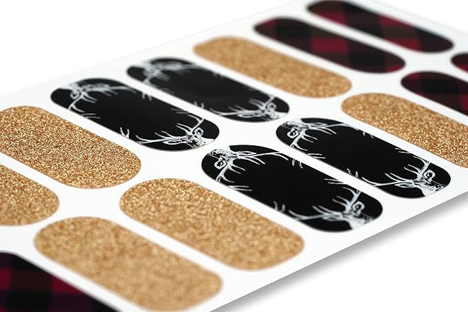 | 20 Exquisite Gel Nail Polish Strips w/Application Accessories - No UV/LED Lamp Required (Holiday | Bucks, Plaid, & Gold Glitter)
