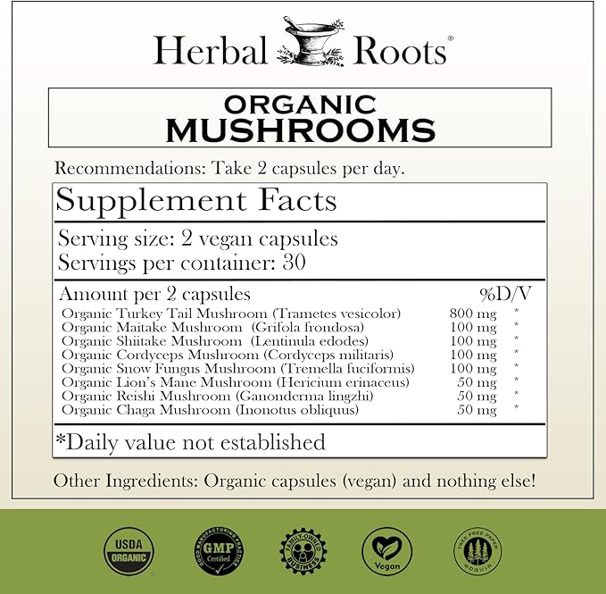 Herbal Roots Organic 8 Mushroom Blend Supplement Capsules - 100% Fruiting Body Extracts - Wellness and Immunity - 60 Vegan Capsules