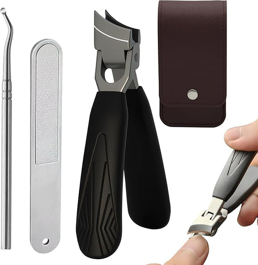 [2+1Pieces] Long Handle Wide Jaw Opening Anti-Splash Slanted Portable Nail Clipper for Thick Nails,Heavy Duty Ingrown Toenail Clippers Nail Cutters,Suitable for Men, Women, and The Elderly - Black