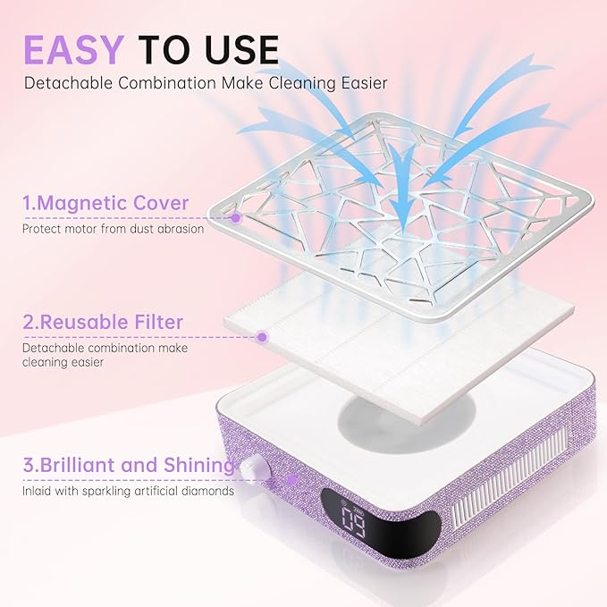 Nail Dust Collector, Cordless Dust Collector Nail Tech, Powerful Vacuum Fan Vent Dust Collector Extractor Dust Suction Machine for Acrylic Nails Polishing, Nail Salon, Light Purple