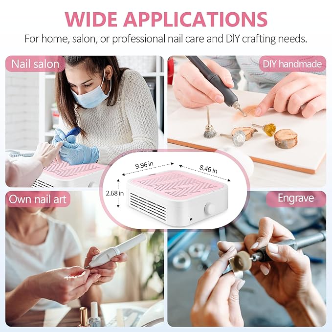 LIONVISON Nail Dust Collector for Acrylic: 120W Professional Nails Dust Collector With Reusable HEPA Filter For Home Salon Use - Portable 3 Speed Vacuum DIY Manicure For Nail Art Beginners (Pink)