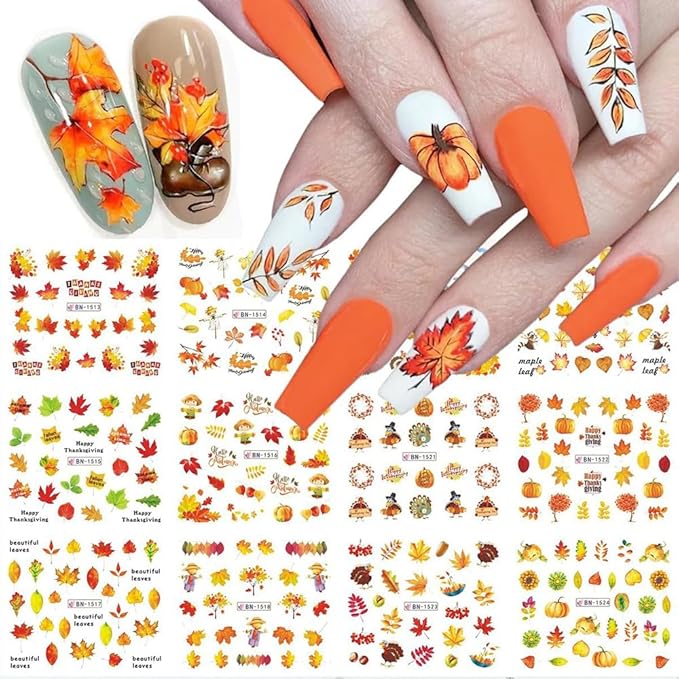 12 Sheets Fall Maple Leaf Nail Art Stickers Autumn Water Transfer Nail Decals Thanksgiving Day Nail Art Supplies Turkey Pumpkin Leaves Scarecrow Nail Design Slider Stickers for Women Nail Decorations