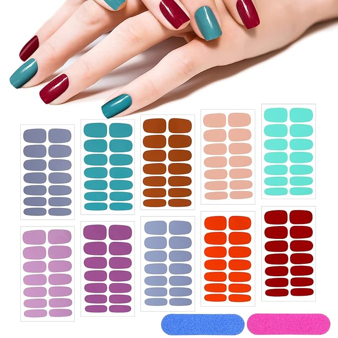 140 Pcs 10 Sheets Solid Color Full Wrap Nail Stickers Polish Strips Gradient Stickers Glitter Self Adhesive DIY Art Decals Strips with 2 Pcs Nail Files for Holiday Decor (Pure Color Style)