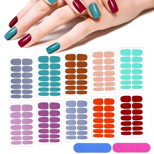 140 Pcs 10 Sheets Solid Color Full Wrap Nail Stickers Polish Strips Gradient Stickers Glitter Self Adhesive DIY Art Decals Strips with 2 Pcs Nail Files for Holiday Decor (Pure Color Style)