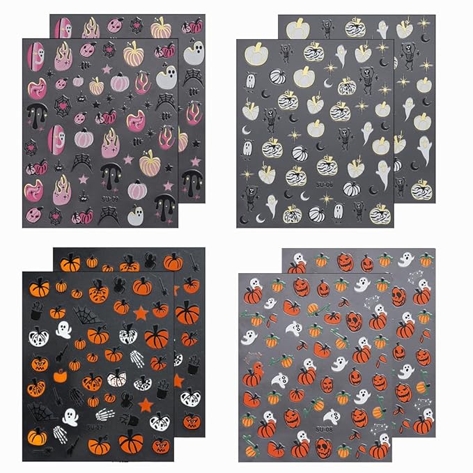 8Sheets Halloween Nail Art Stickers Cute Ghost Pumpkin 3D Self-Adhesive Nail Decals Spider Web Blood Flame Designs Nail Decorations Fall Thanksgiving Nail Supplies for Women DIY Manicure Art