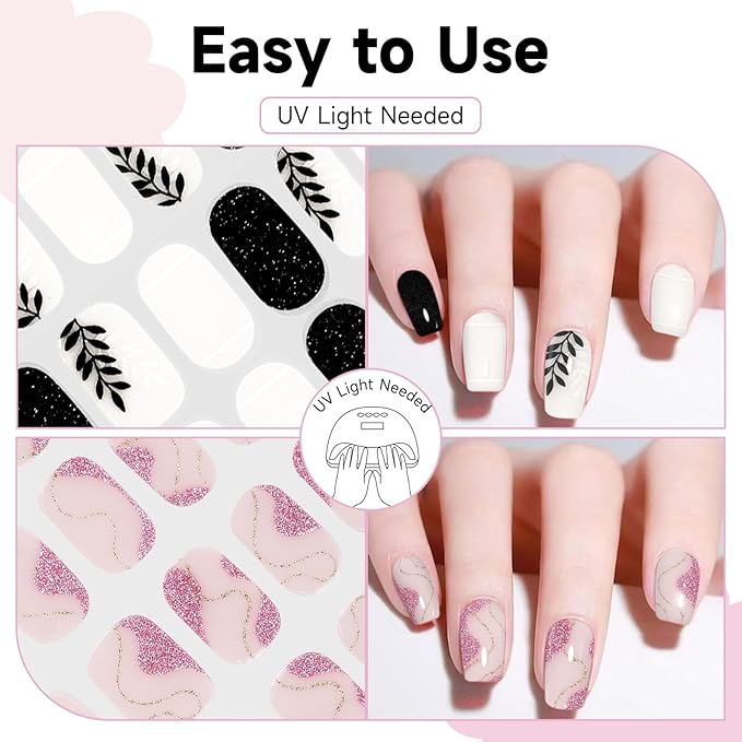 Semi Cured Gel Nail Strips 2 Set, (Black Leaves,Gilded Pink) 56 Pcs Gel Nail Wraps Stickers for Women DIY Gift, Works with Any UV Lamps,Long Lasting,Salon-Quality, Easy to Apply