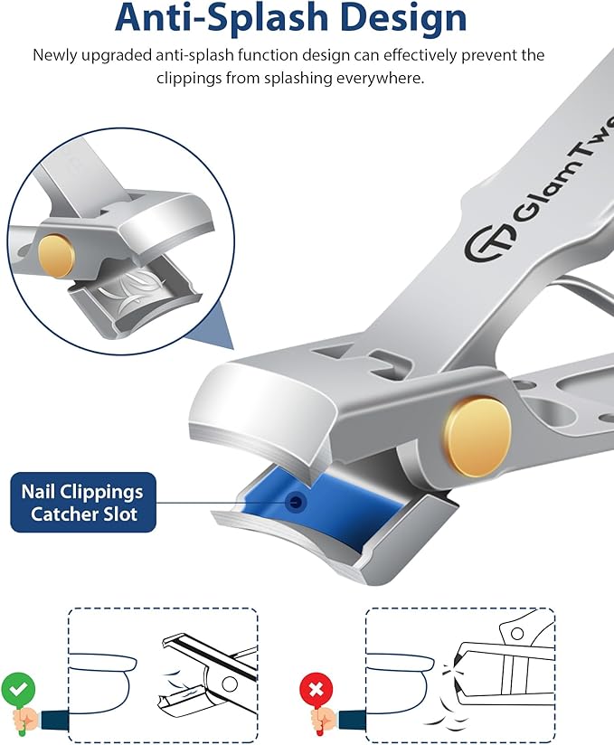 Anti-Splash Wide Jaw Opening Nail Clippers - GlamTweeler Ultra Sharp Extra Large Wide Opening Fingernail and Toenail Clipper with Glass Nail File (Silver_Curved)